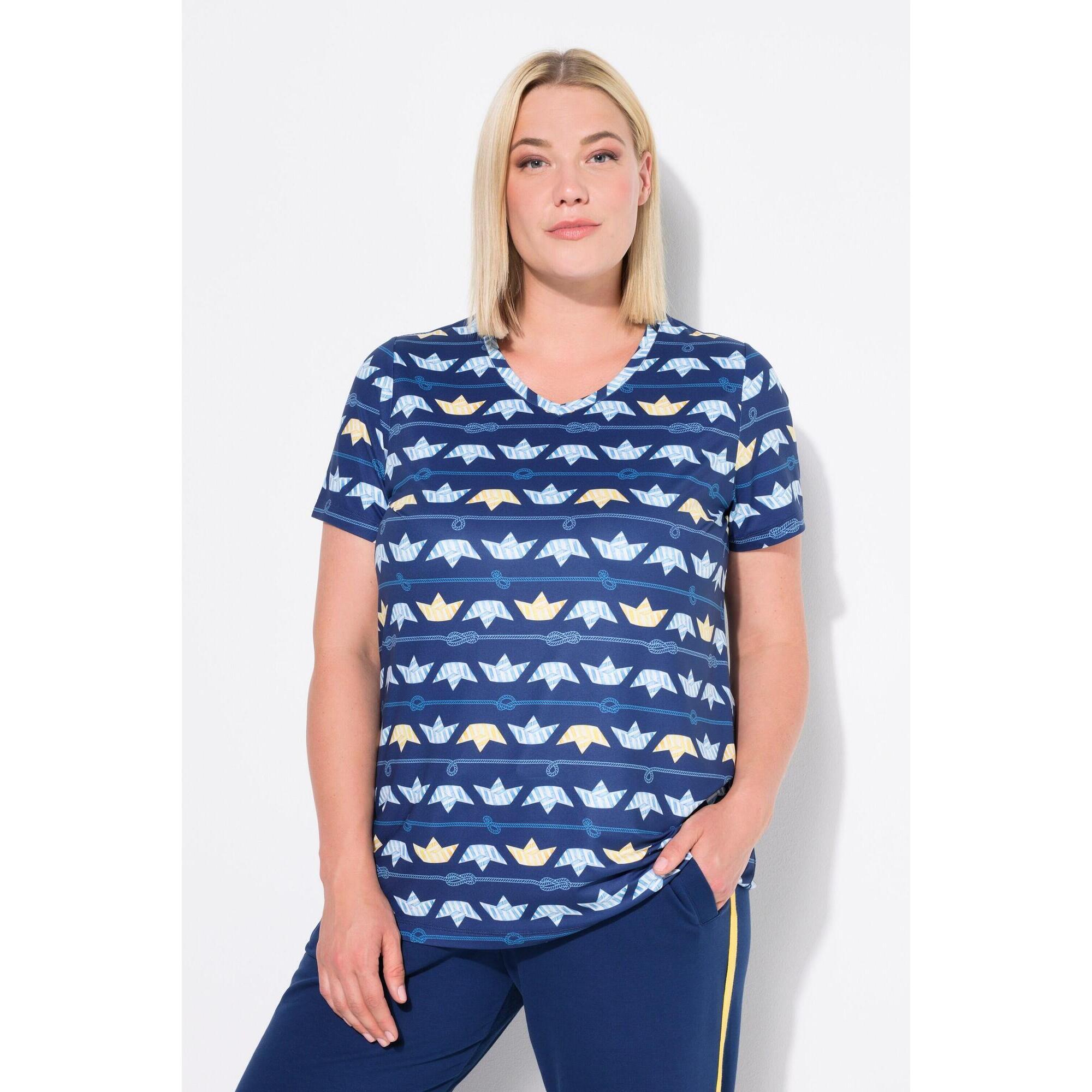 Ulla Popken - Femme T-shirt Technique Avec Motif Petits Bateaux Col En V Et Manches Courtes - T-shirt Manches Courtes - Bleu - Decathlon