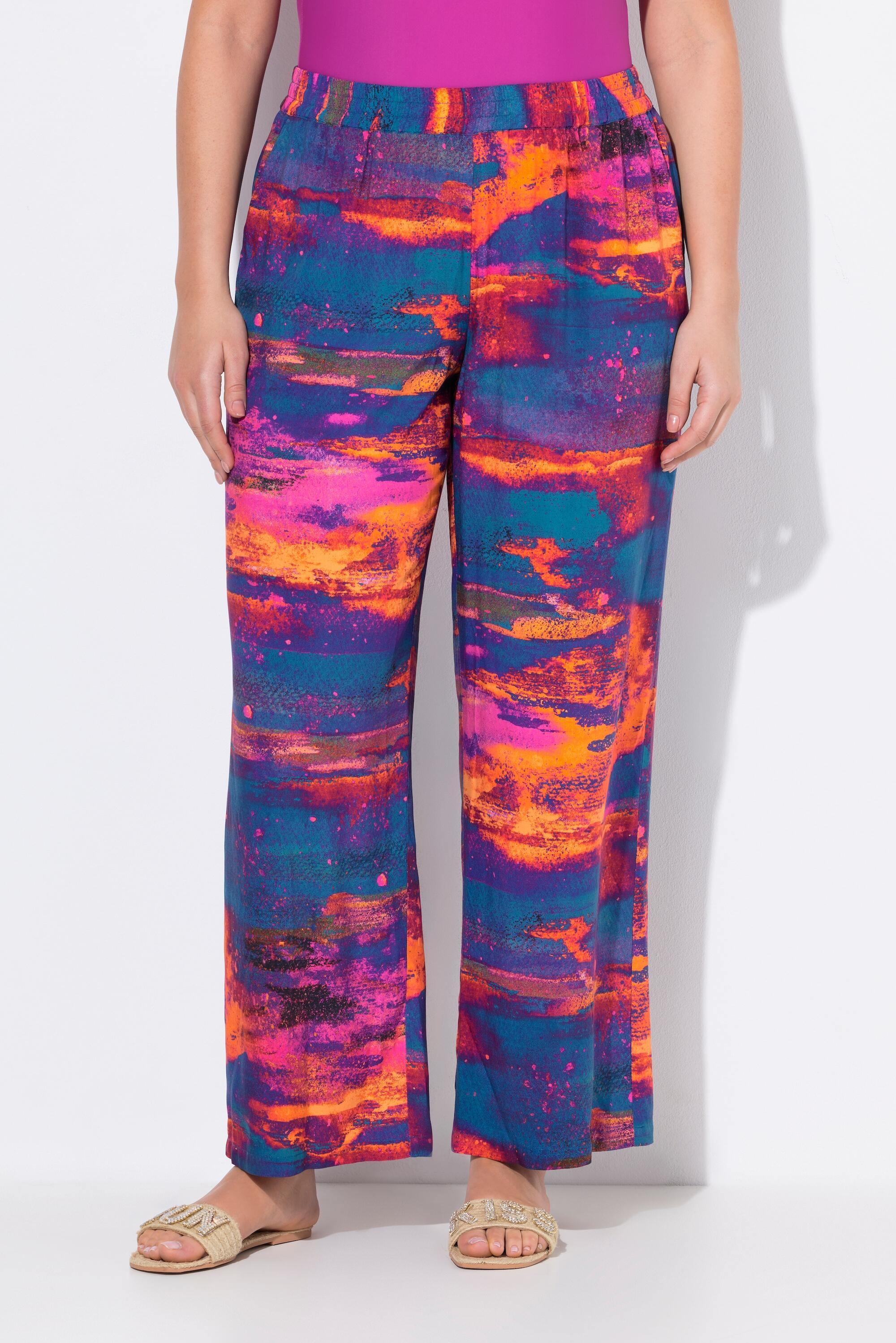 ULLA POPKEN Plus-Size Women's Palazzo Trousers Viscose Yellow/Orange Print, Elastic Waist