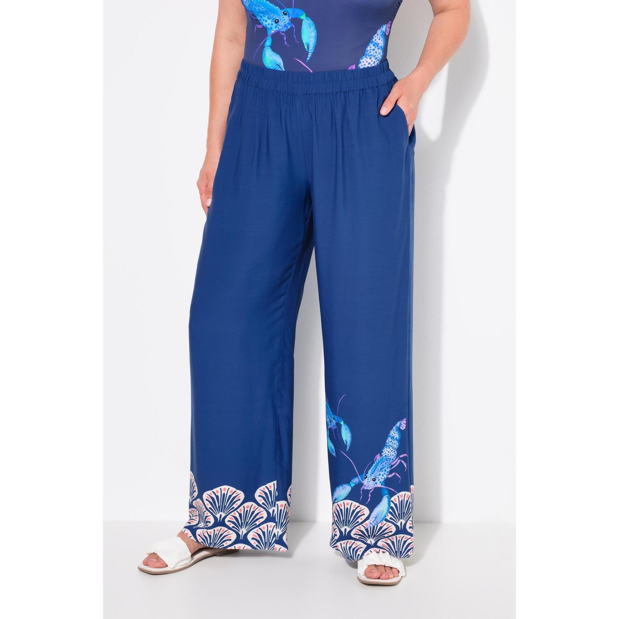 Ulla Popken - Femme Pantalon Palazzo Bordure Coquillages Jambe Large Et Taille Élastique - Pantalons - Bleu - Decathlon