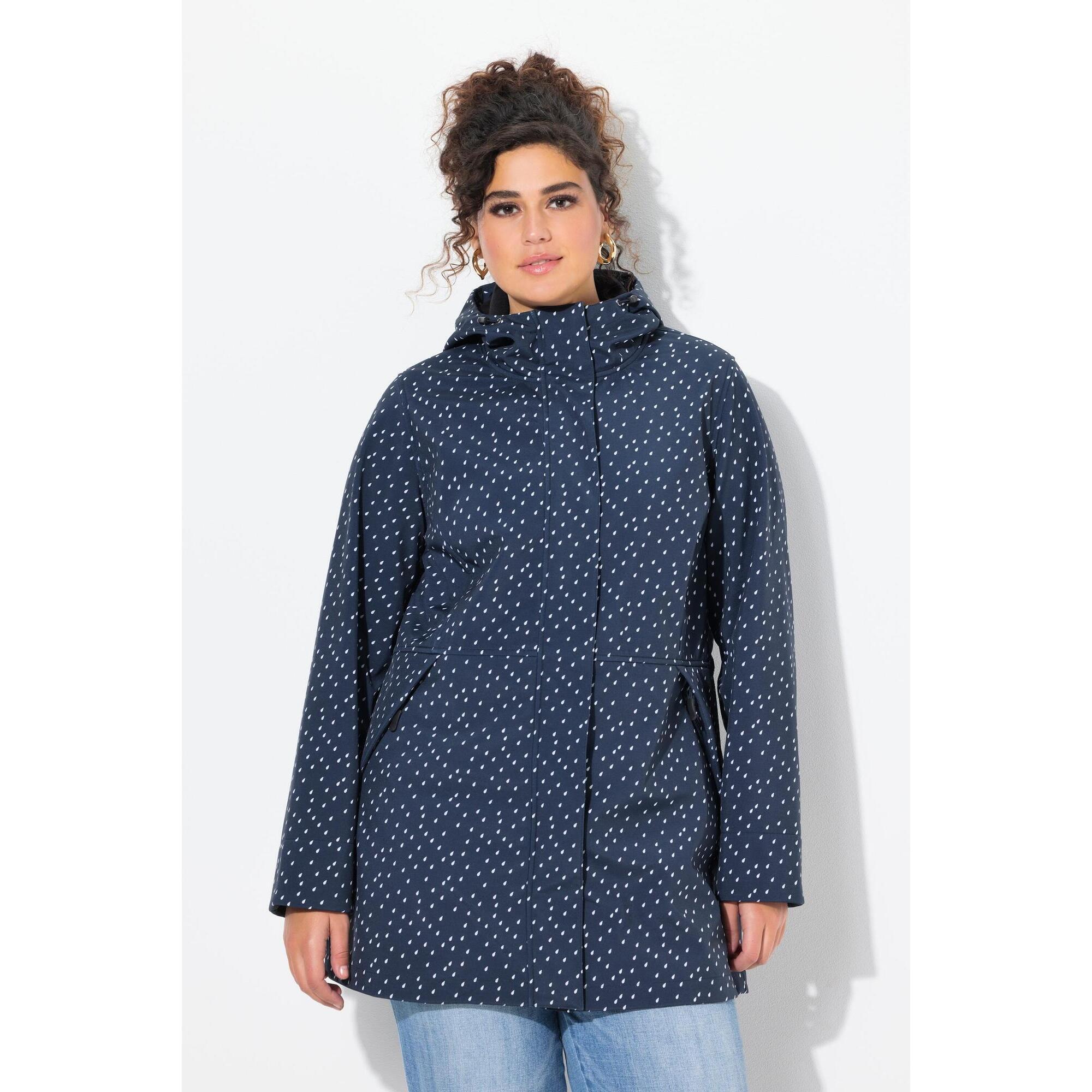Ulla Popken - Femme Veste Longue Softshell Imperméable Avec Capuche Motif Gouttes De Pluie - Softshell - Bleu - Decathlon