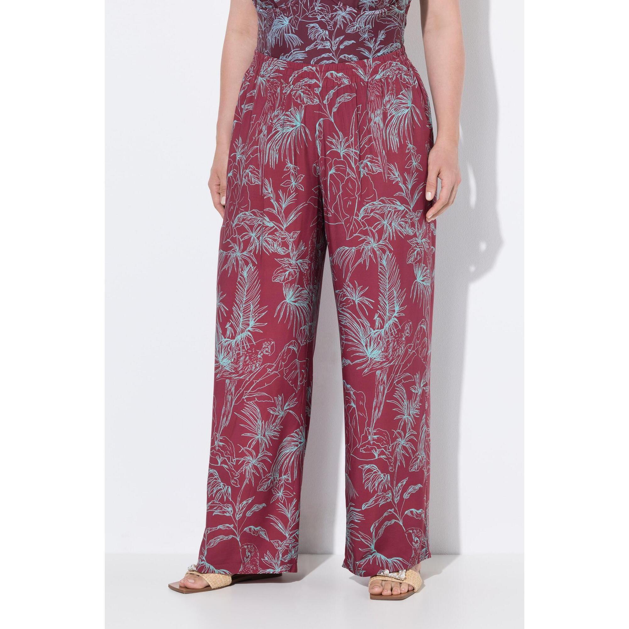 Ulla Popken - Femme Pantalon Palazzo Imprimé Jungle. Jambe Large Et Taille Élastique - Pantalons - Rose|violet - Decathlon