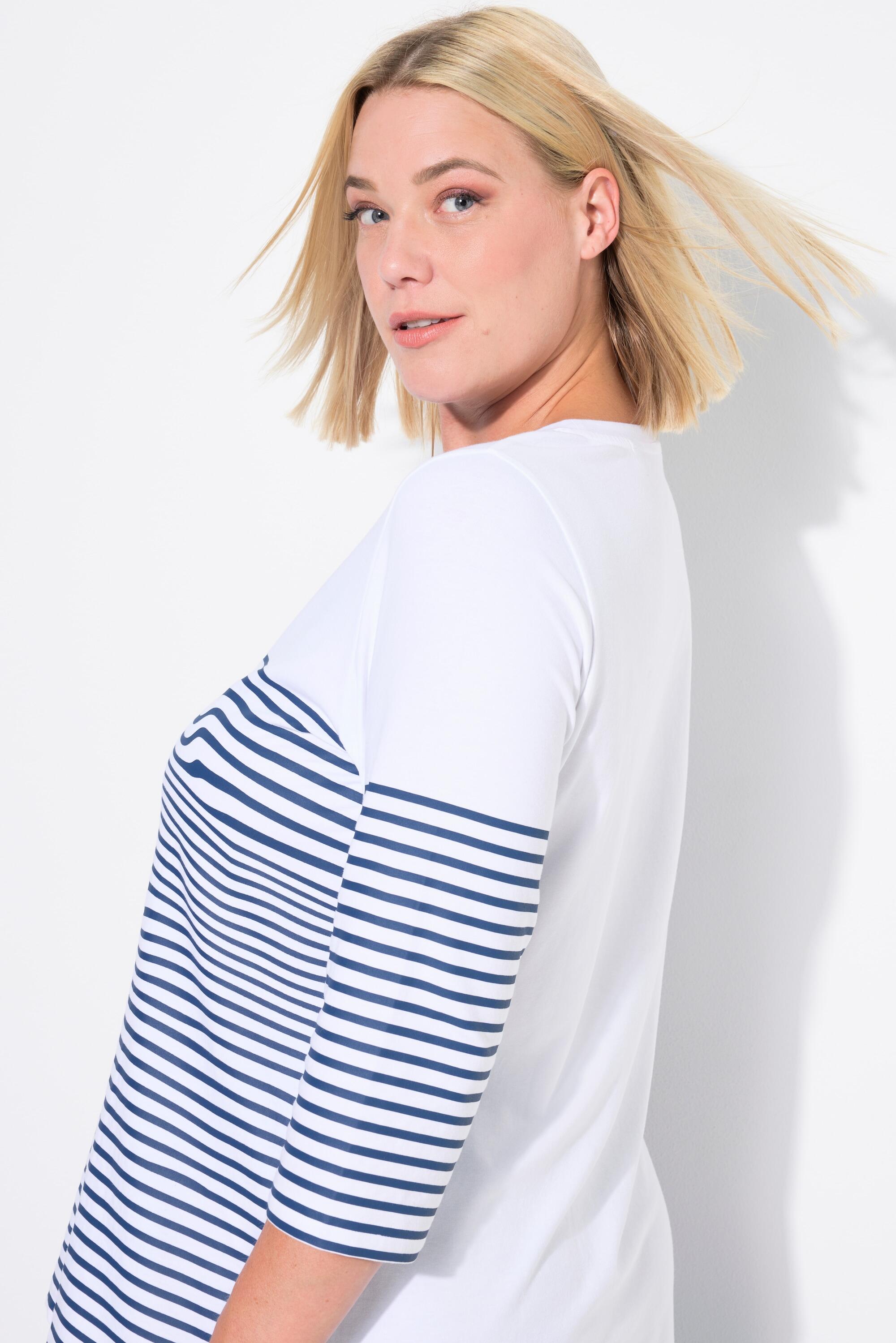 Femme T-shirt à rayures motif bateau en papier encolure bateau et manches 3/4 3/6