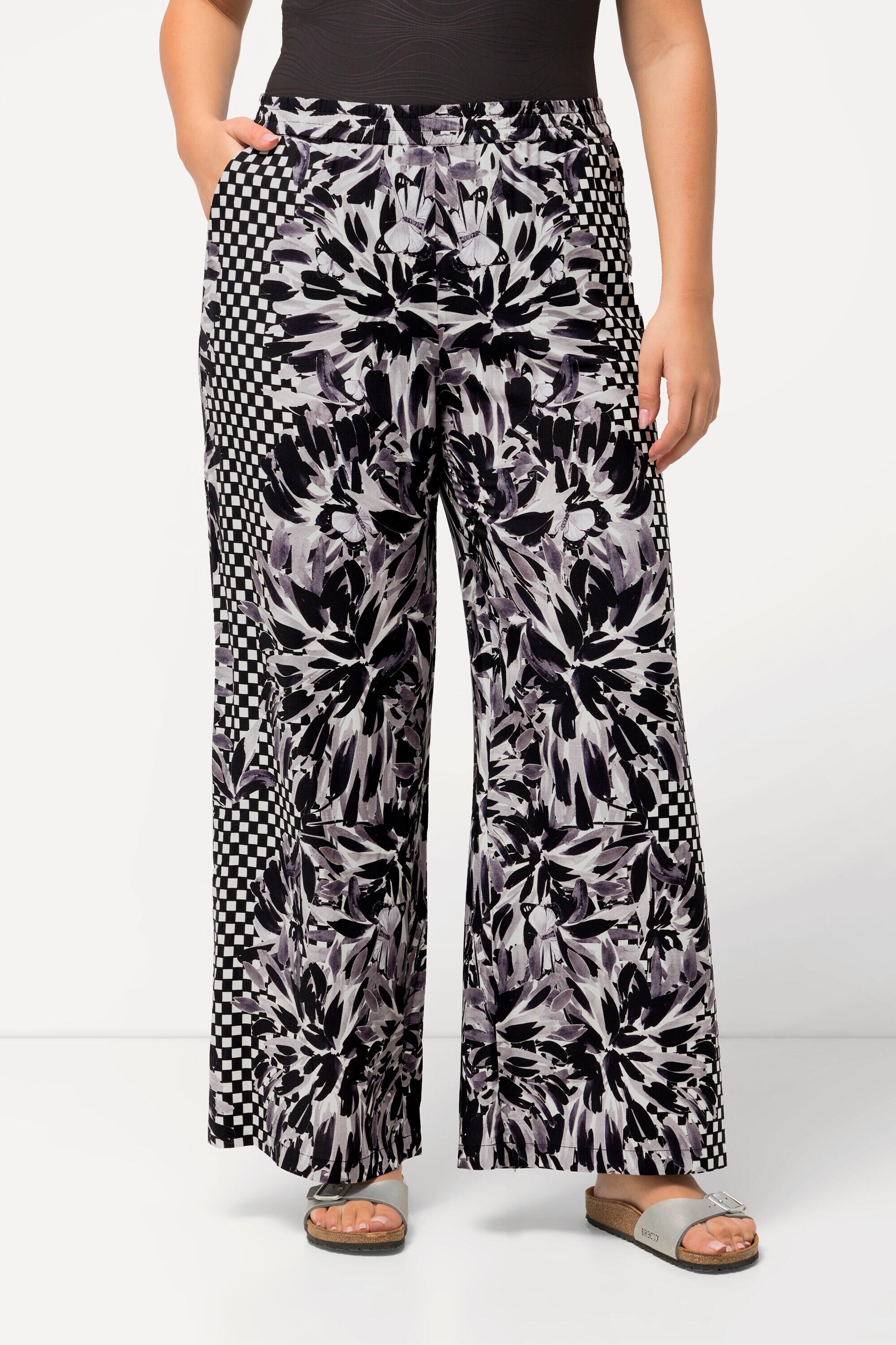 ULLA POPKEN Women’s Palazzo Trousers Floral Print Viscose Plus Size Black