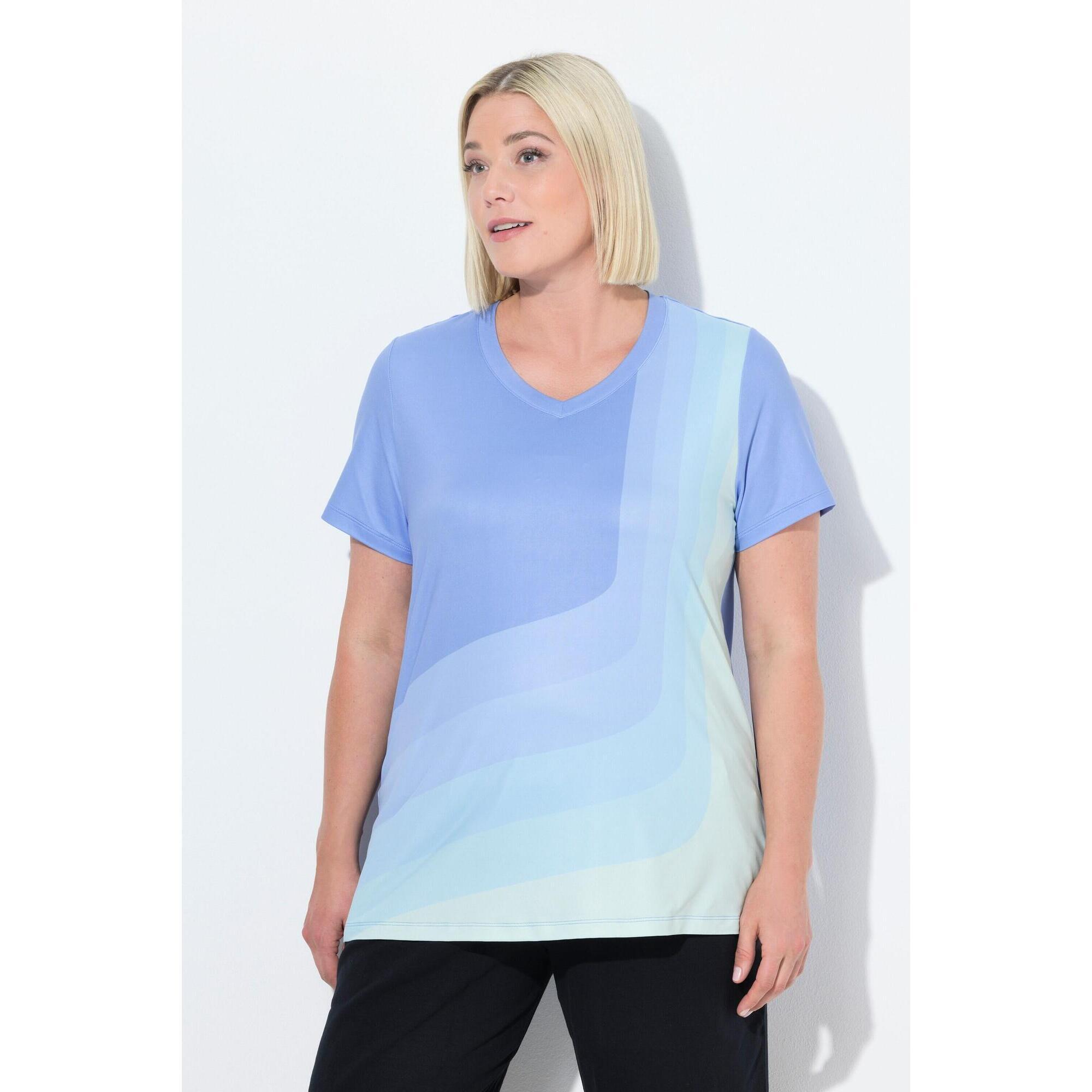 Ulla Popken - Femme T-shirt De Yoga Manches Courtes Et Décolleté En V - T-shirt Manches Courtes - Bleu - Decathlon