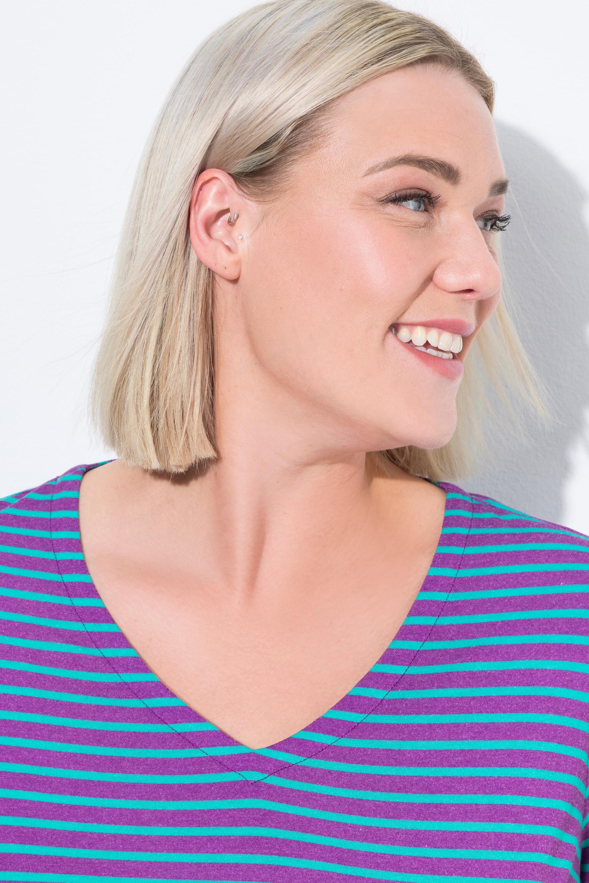Femme T-shirt technique rayé. Col V et manches courtes. Coupe Classic 3/6
