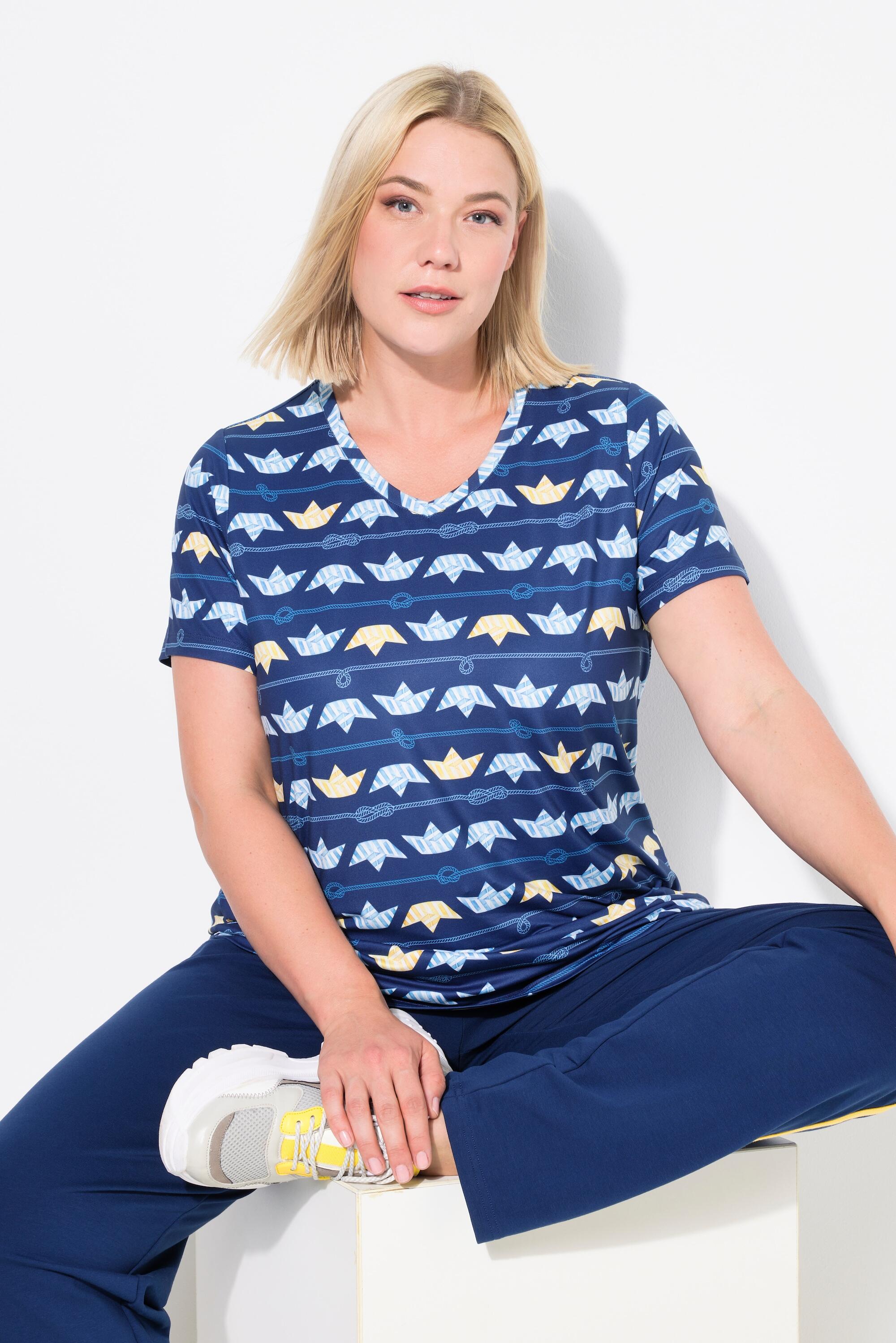Femme T-shirt technique avec motif petits bateaux col en V et manches courtes 6/7