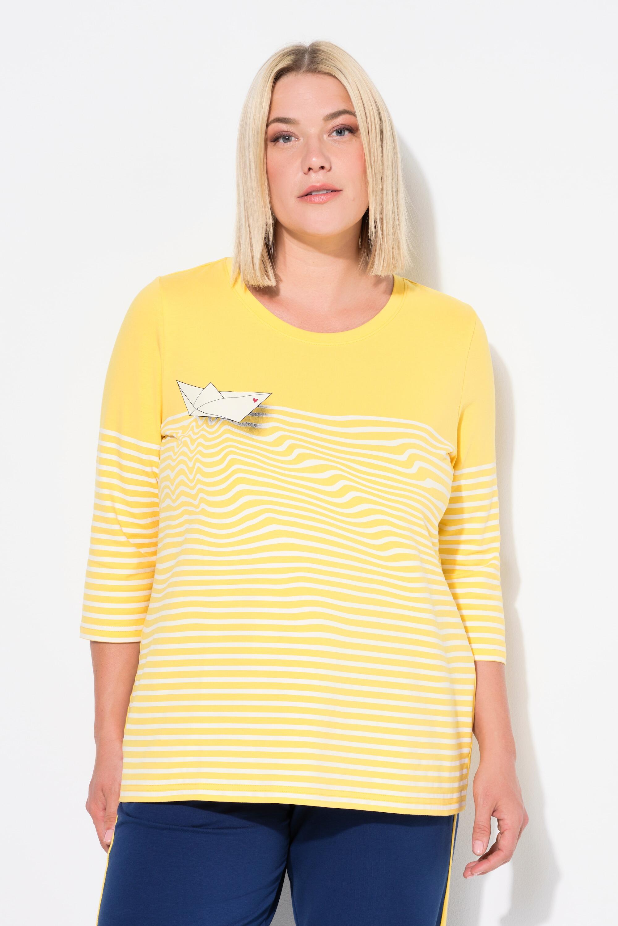 ULLA POPKEN Plus-Size Women's Striped T-Shirt - Stretch Cotton, 3/4 Sleeves