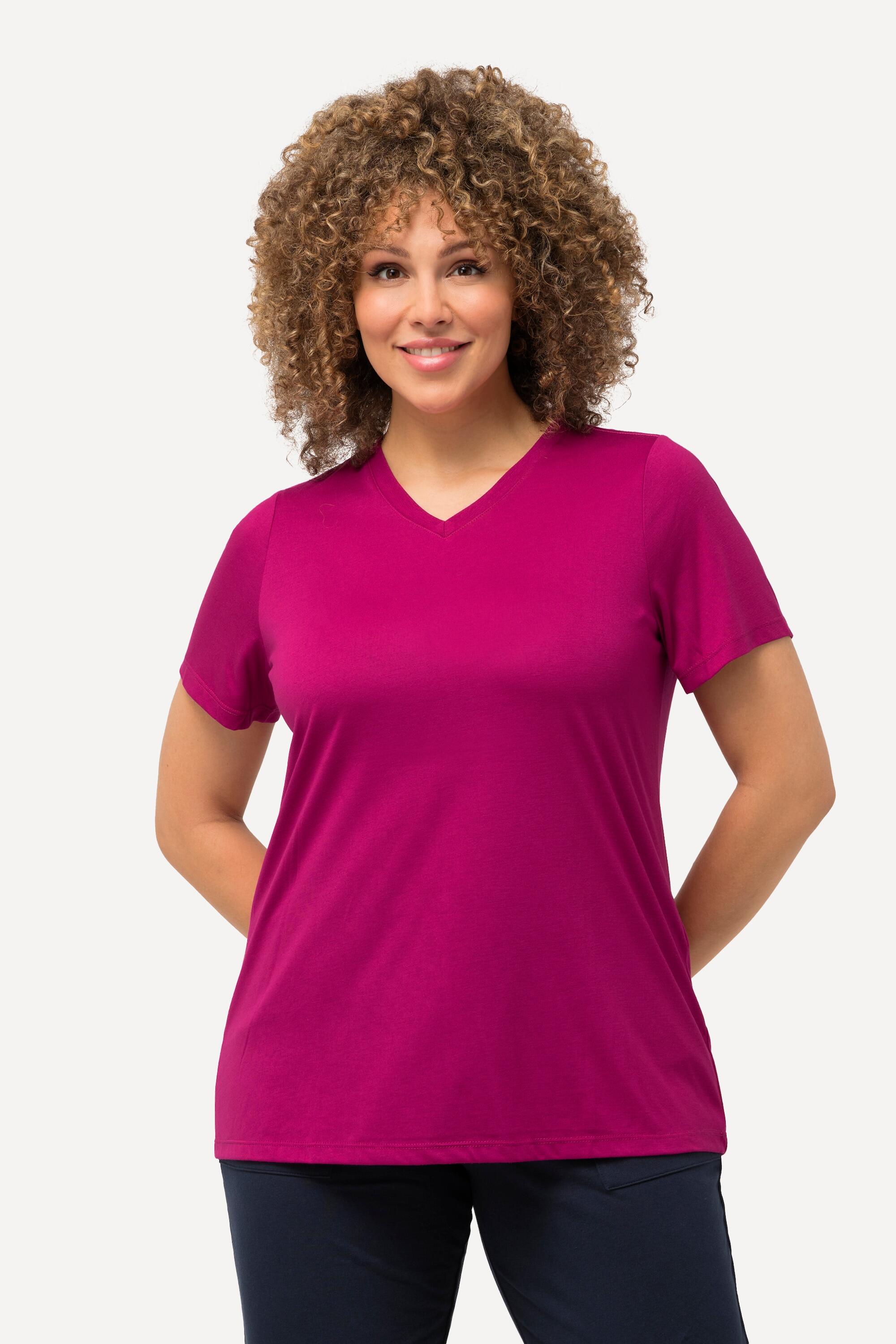 ULLA POPKEN Women's Antibacterial Performance T-shirt V Rosa, Classic Fit, Short Sleeves
