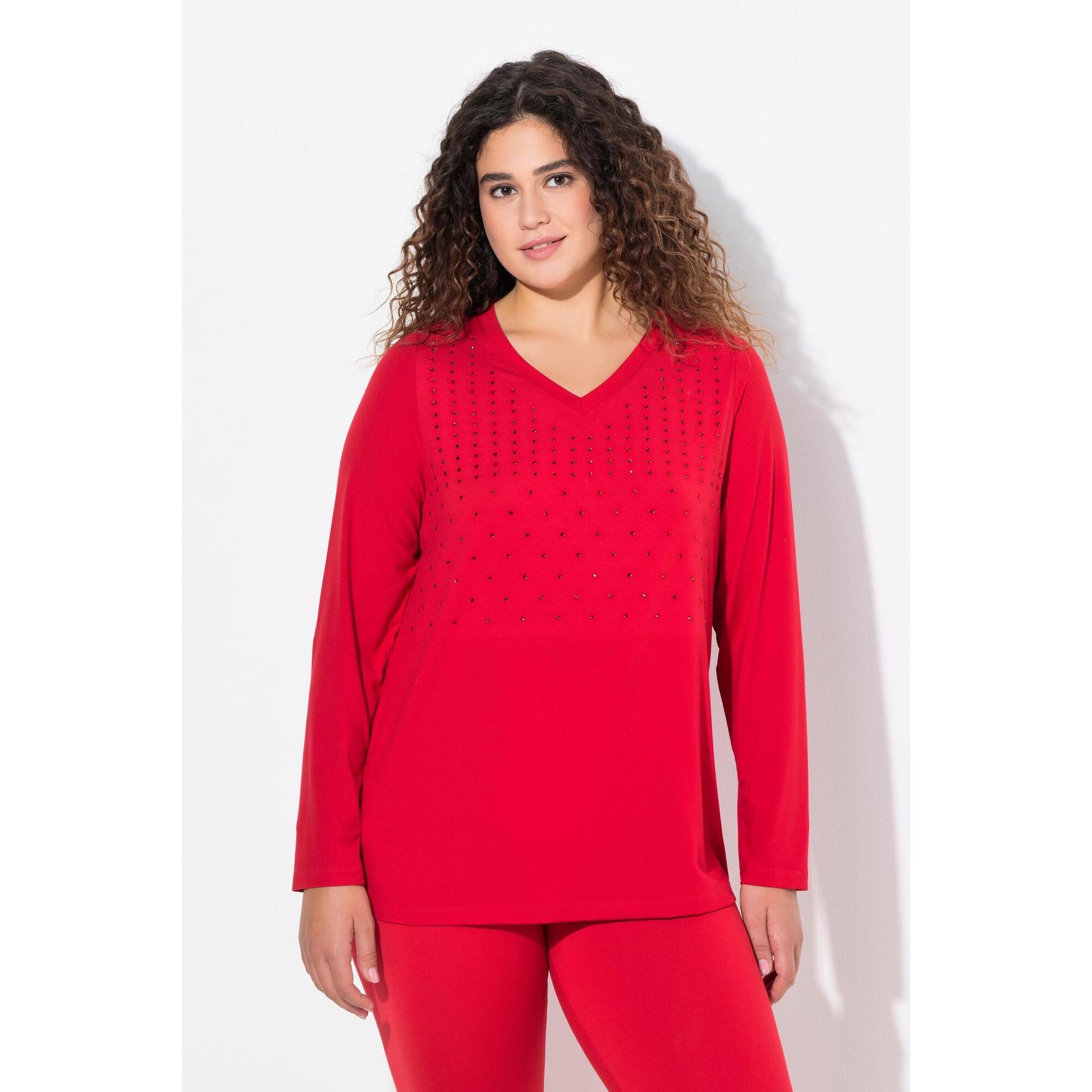 Ulla Popken - Femme T-shirt À Manches Longues Et Col V Antibactérien - T-shirt Manches Longues - Rouge - Decathlon