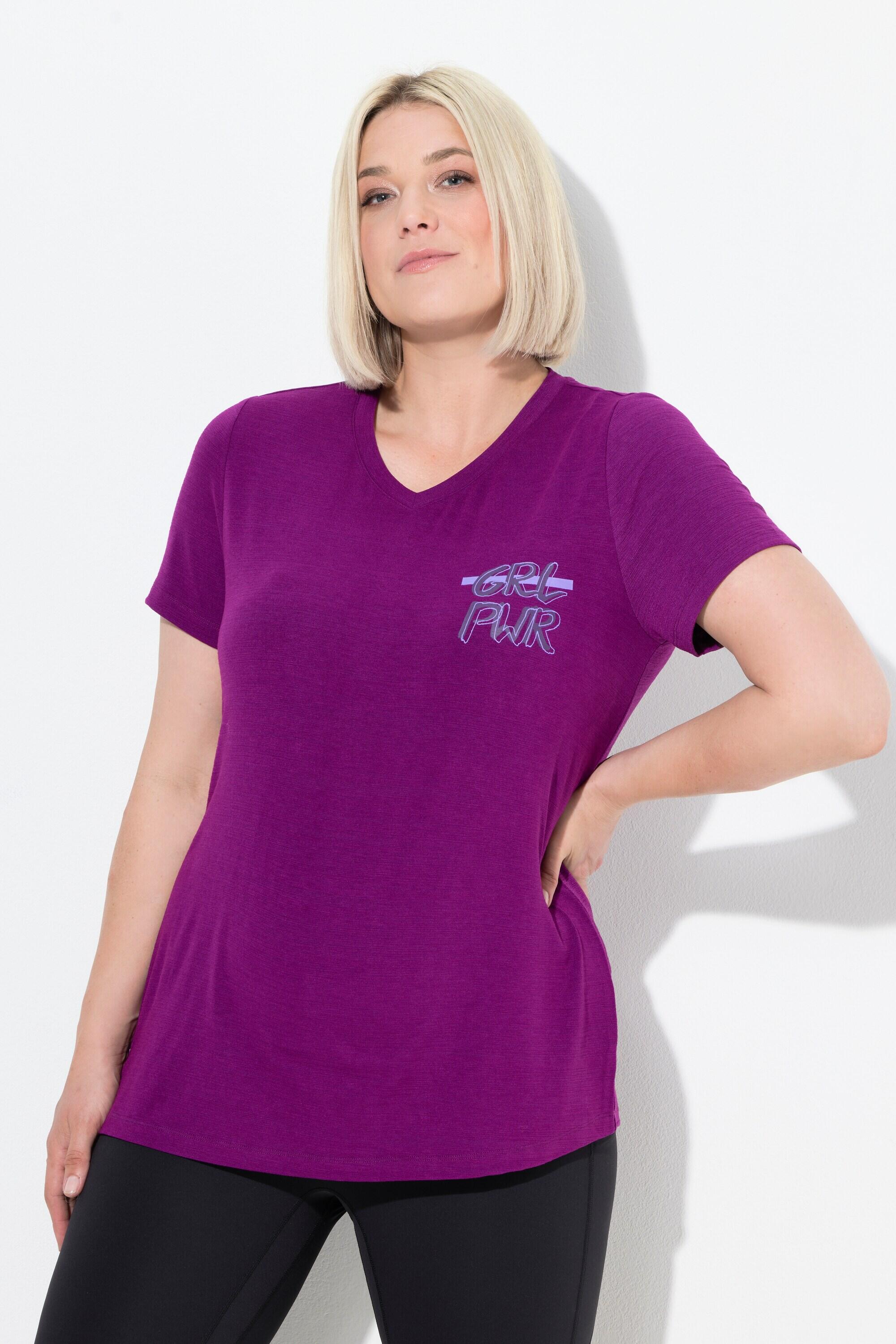 ULLA POPKEN Women's Technical T‑Shirt VIOLET plus size, V‑neck, cut‑out back
