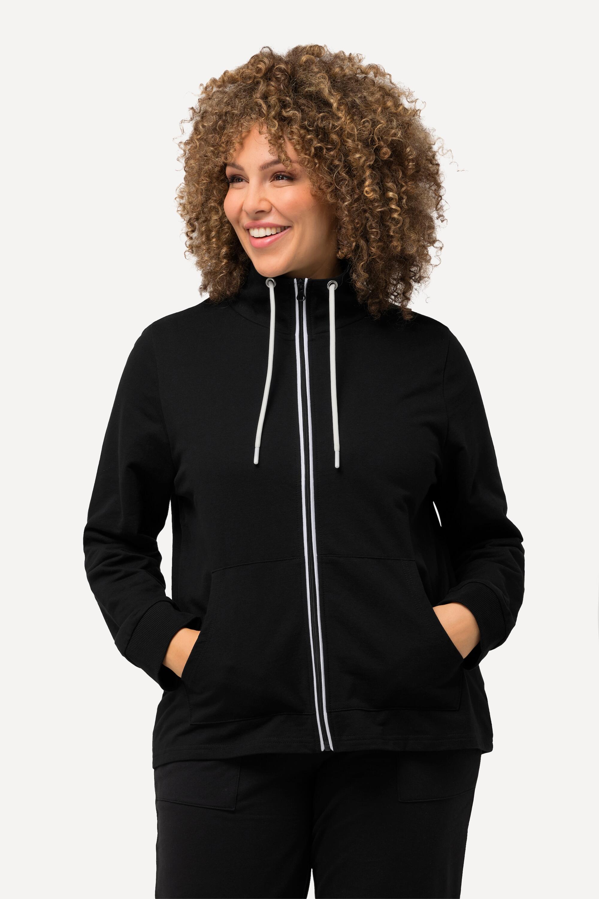 ULLA POPKEN Women's Black Fleece Jacket with Stand Collar, Kangaroo Pocket, 80% Cotton