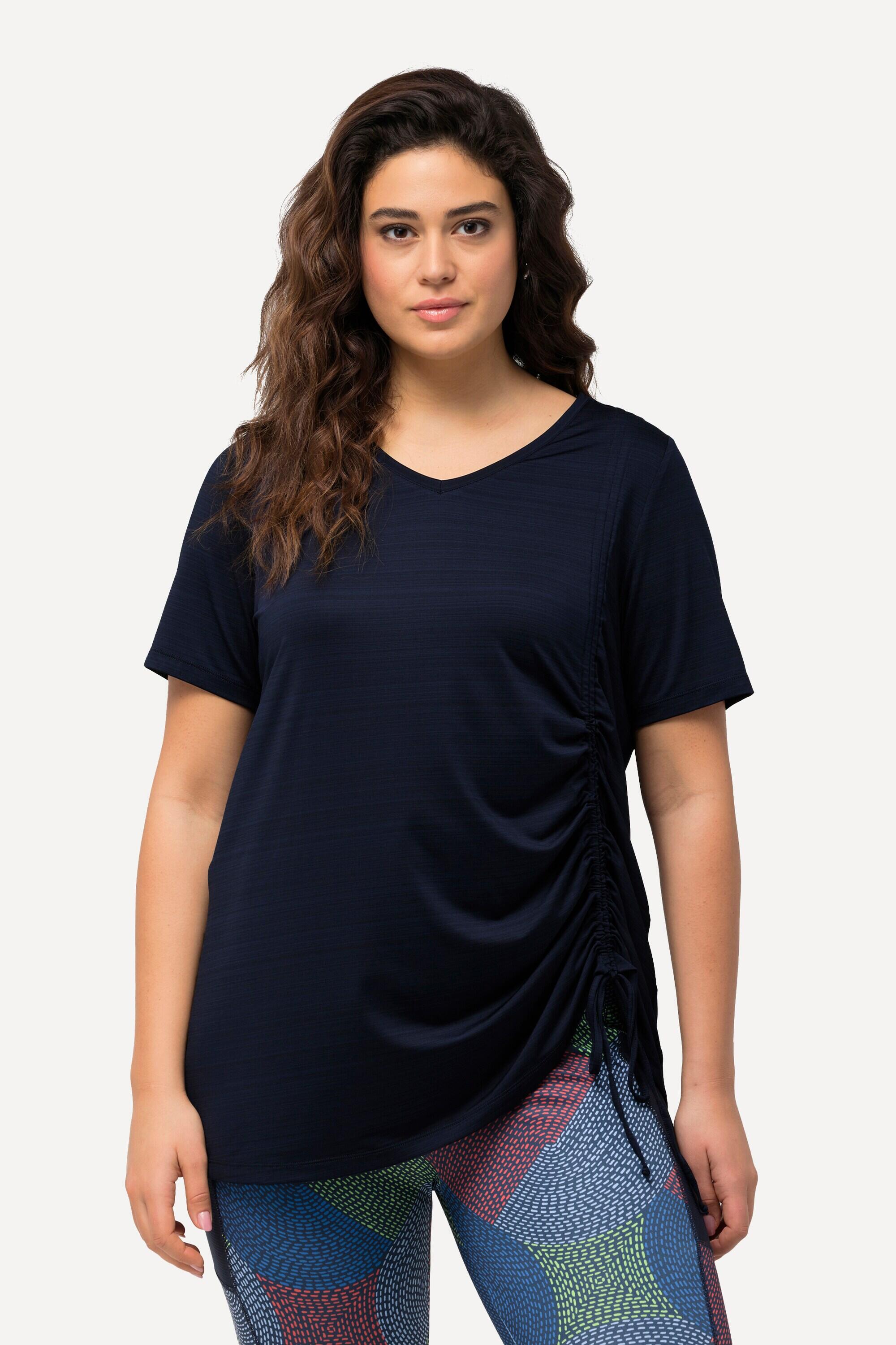 ULLA POPKEN T‑shirt tecnico donna con nastro arricciato blu, scollo a V, taglio svasato