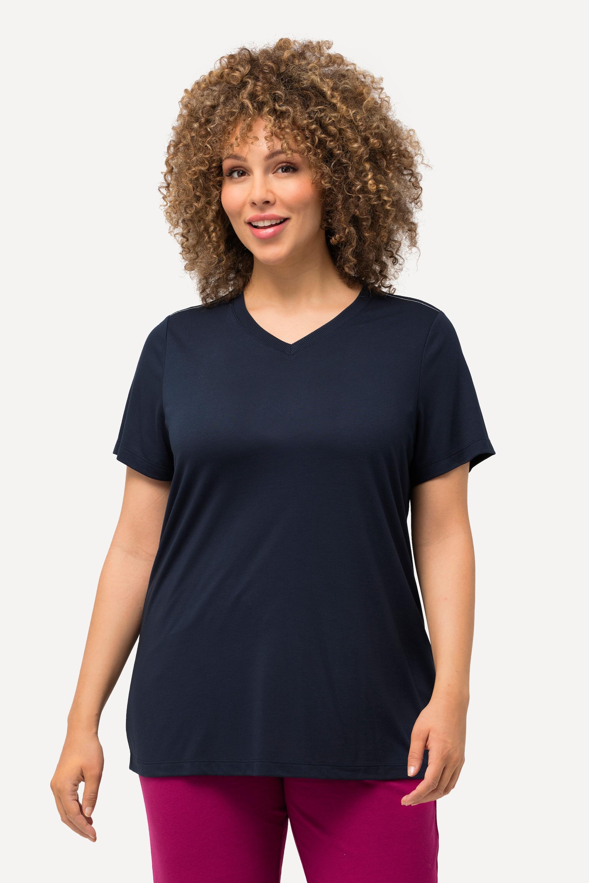 ULLA POPKEN Women's Technical Antibacterial T‑Shirt Blue V‑Neck Classic Fit