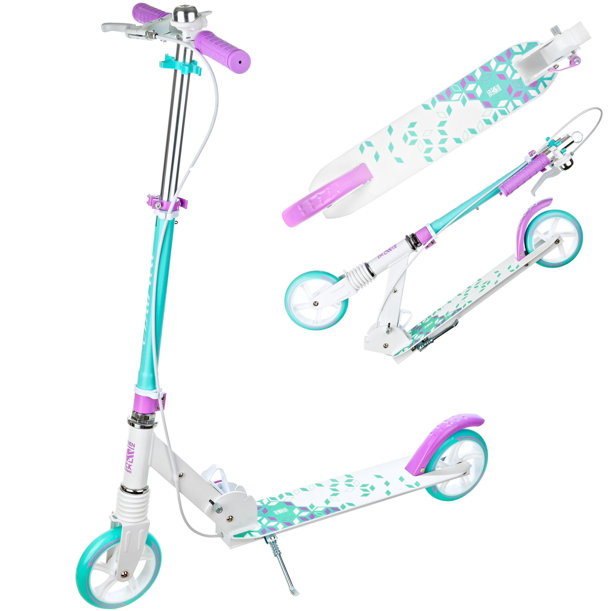 Raven - Trottinette Pliante Raven Marita 145mm Avec Frein Sonnette Amortisseur De Chocs - Trottinette - Blanc|vert|violet - Taille Unique - Decathlon