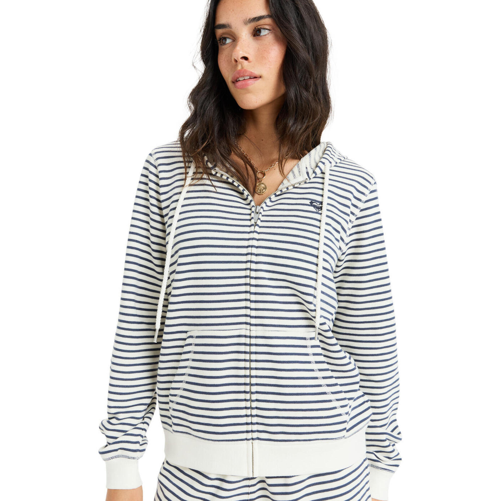 Roxy - Sweat À Capuche Zippé Rayé Perfect Stripe Bleu Femme - Sweat Zippé - Bleu - Decathlon