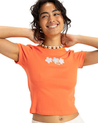 Kurzärmliges T-Shirt mit Screen-Print BEACH LOVE Orange Frauen