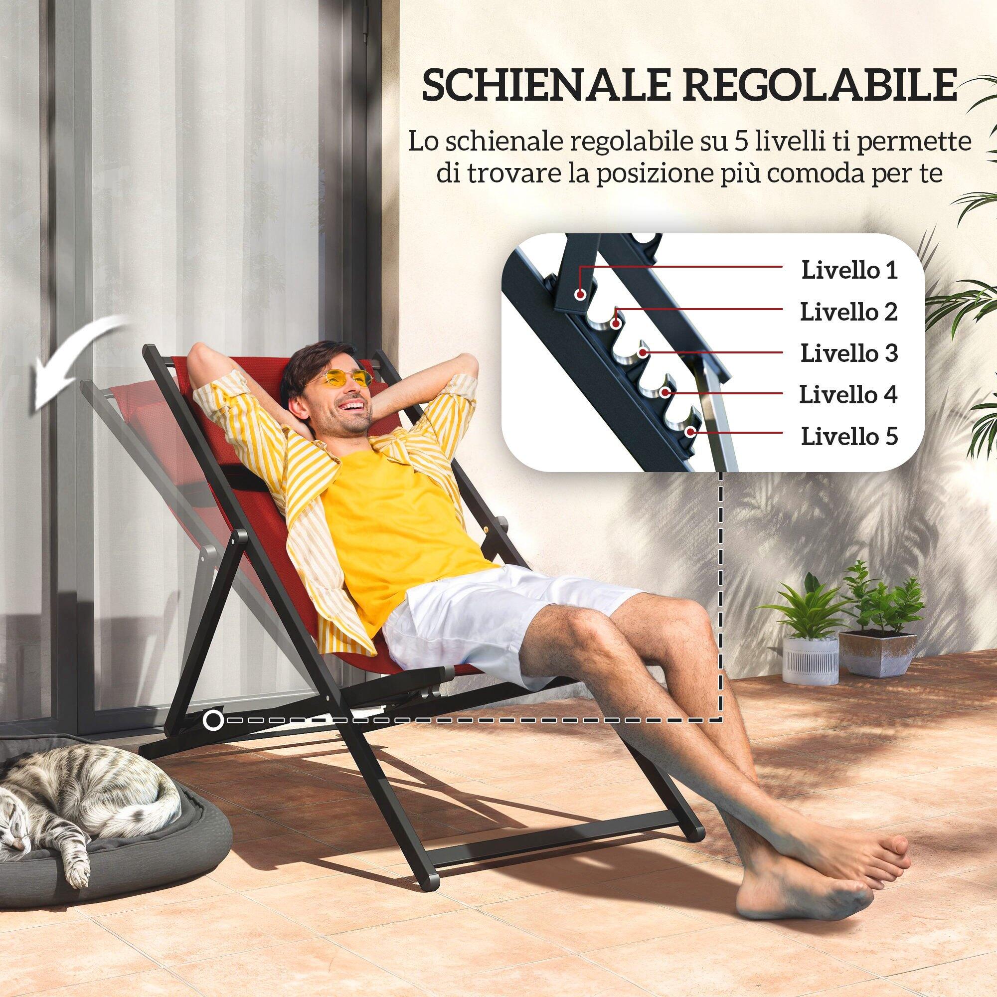 Outsunny Set 2 Sedie Sdraio Pieghevoli in Alluminio e texteline Rosso 5/7