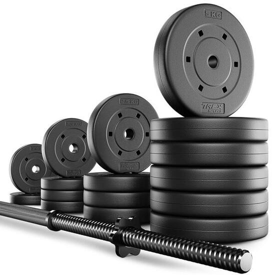 Set haltères en bitume Trex Sport 55 kg avec barre de musculation 180 cm