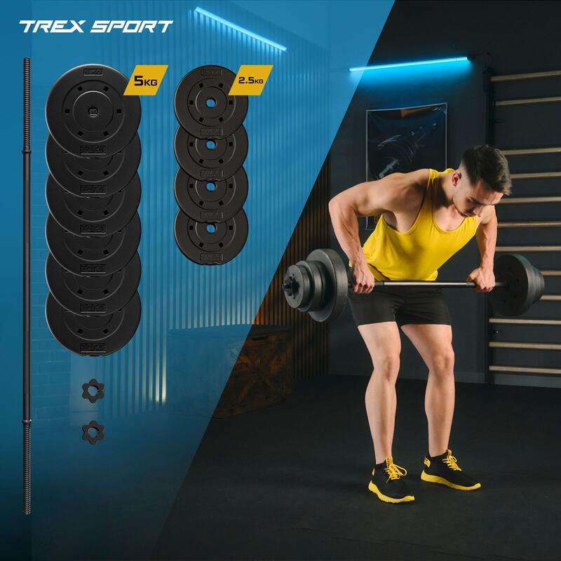 Set greutăți bituminoase cu bară Trex Sport 46kg, bară dreaptă 150cm