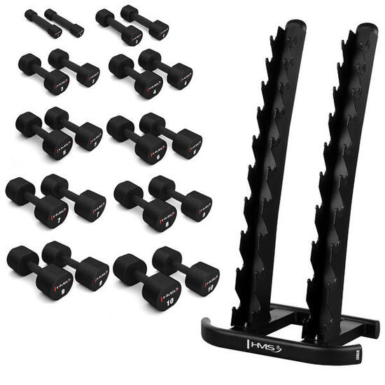 Polyurethan-Hantelset HPT 2 x 1-10 kg (110 kg) + Ständer STR37 HMS