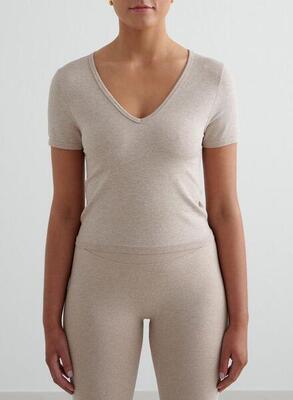 Damen Yoga Kurzarmshirt Nahtlos V-Ausschnitt Beige