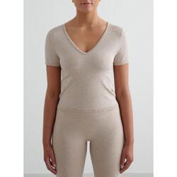 Femme Yoga T-shirt Manches Courtes Col en V Beige