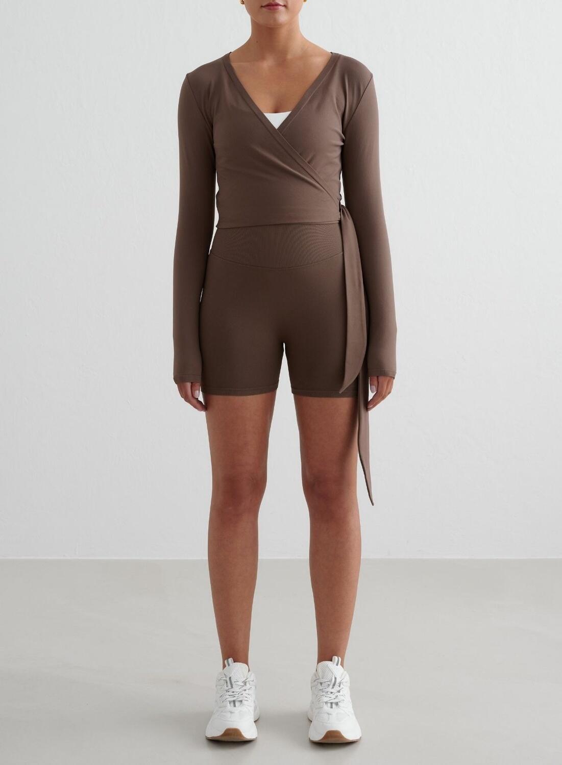 Femme Haut Cache-cœur Sans Couture Manches Longues Marron 3/6