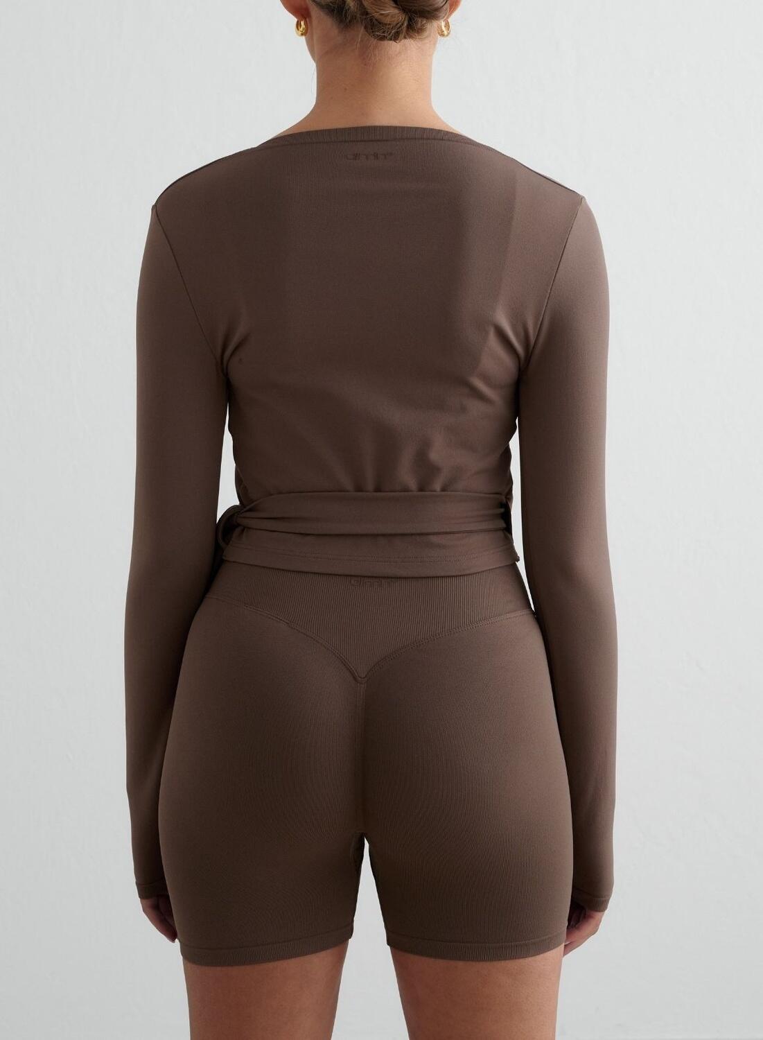 Femme Haut Cache-cœur Sans Couture Manches Longues Marron 2/6
