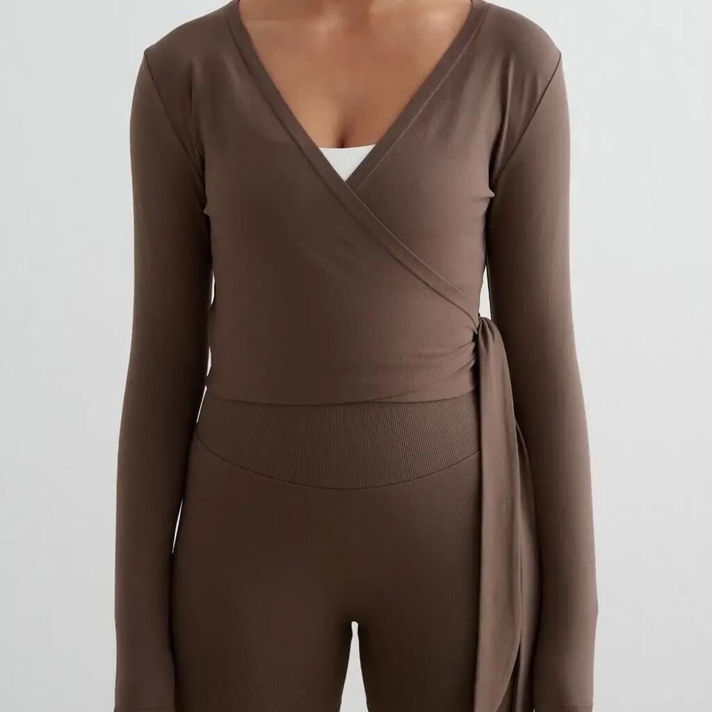 Women's Long Sleeve Top Seamless Wrap Adjustable Ties Shape Macchiato Brown