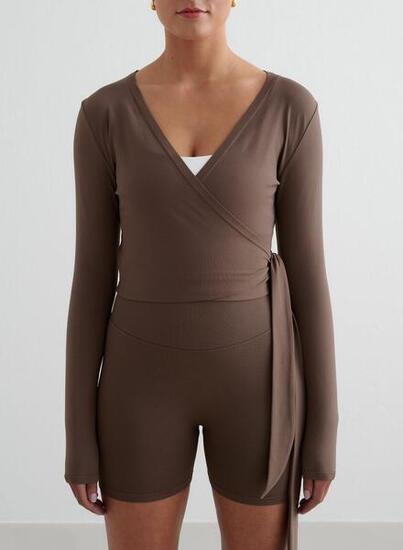 Damen Langarm Wickeltop Nahtlos Schokolade