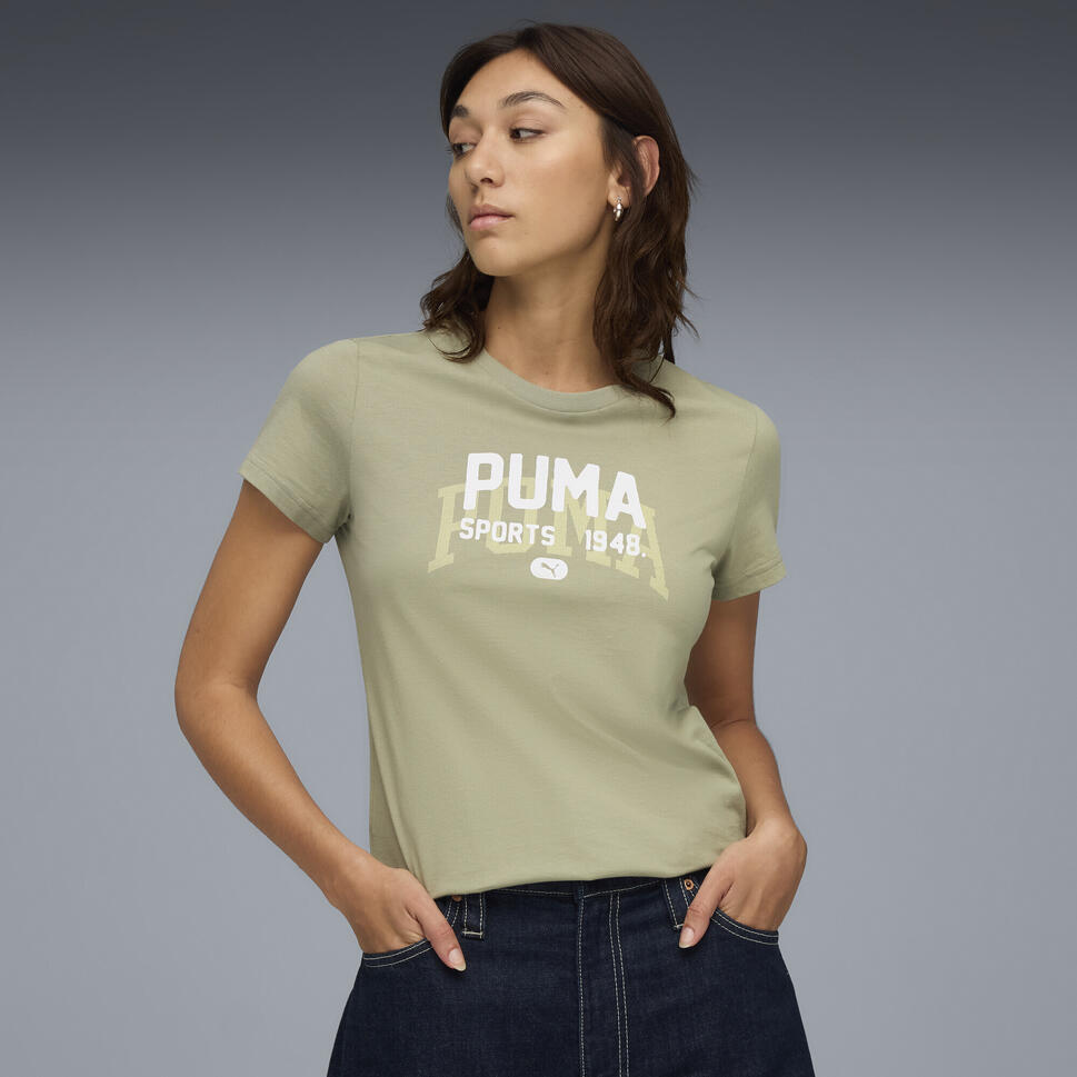 Damska koszulka z grafiką w uniwersyteckim stylu PUMA Lux Army Green