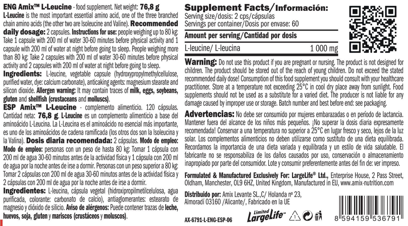 Leucine 500mg - 120 Capsules Amix Nutrition 3/4