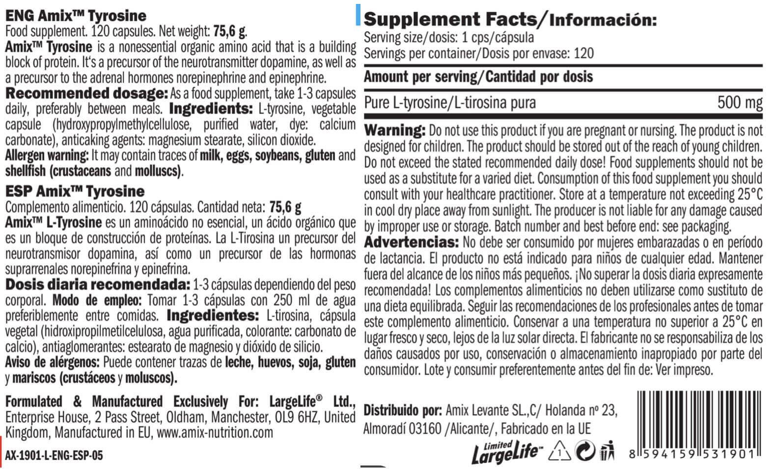 Tyrosine 500mg - 120 capsules de Amix Nutrition 3/4