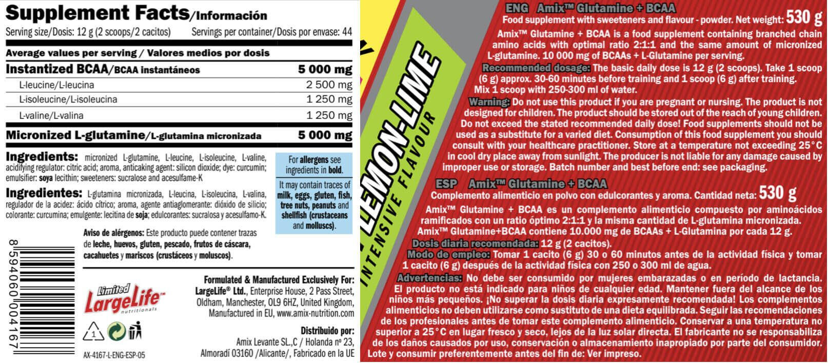 Glutamine + Bcaa 530 Gr Lima - Limón 5/6