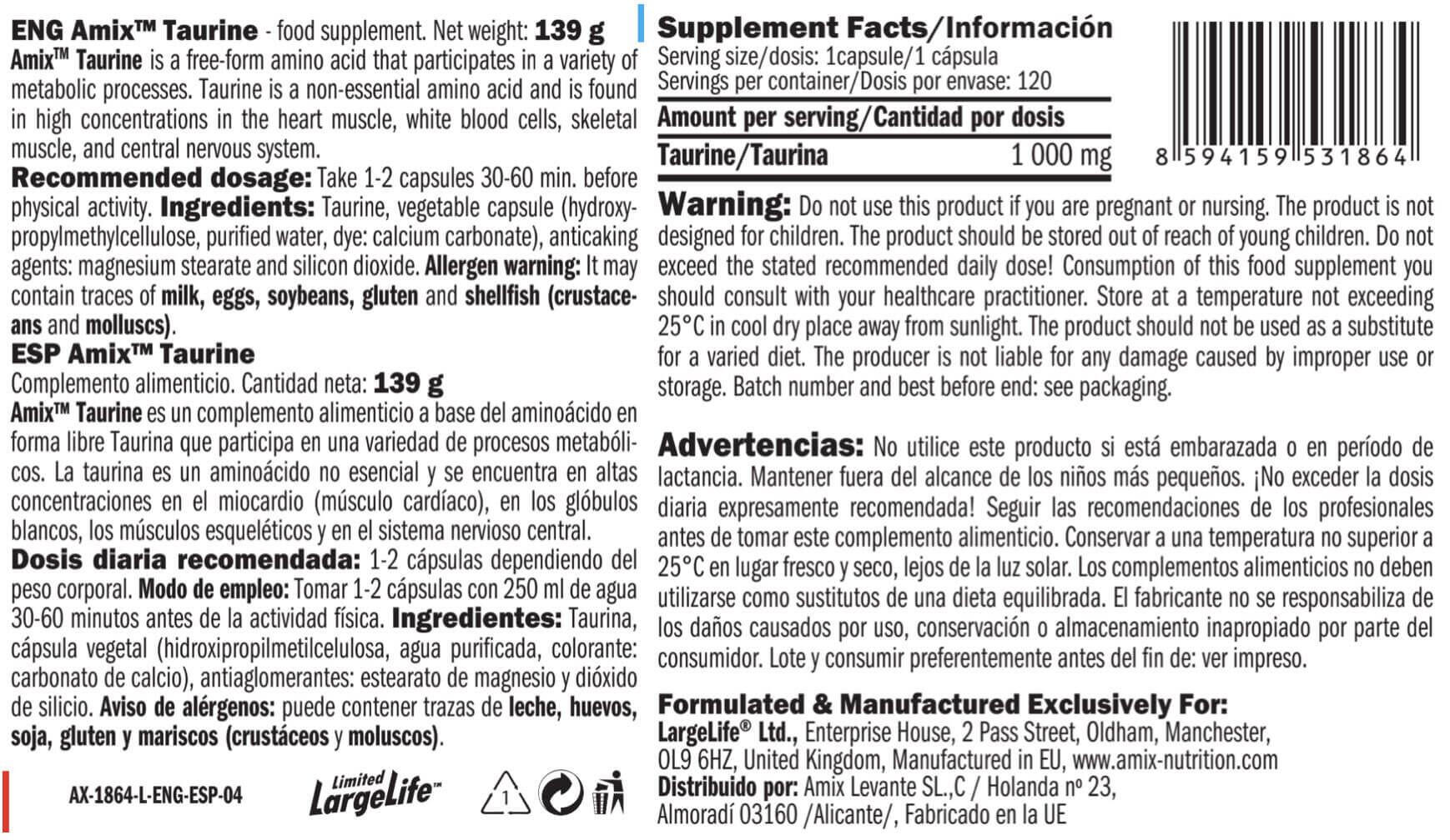 Taurine 1000mg - 120 capsules de Amix Nutrition 3/4