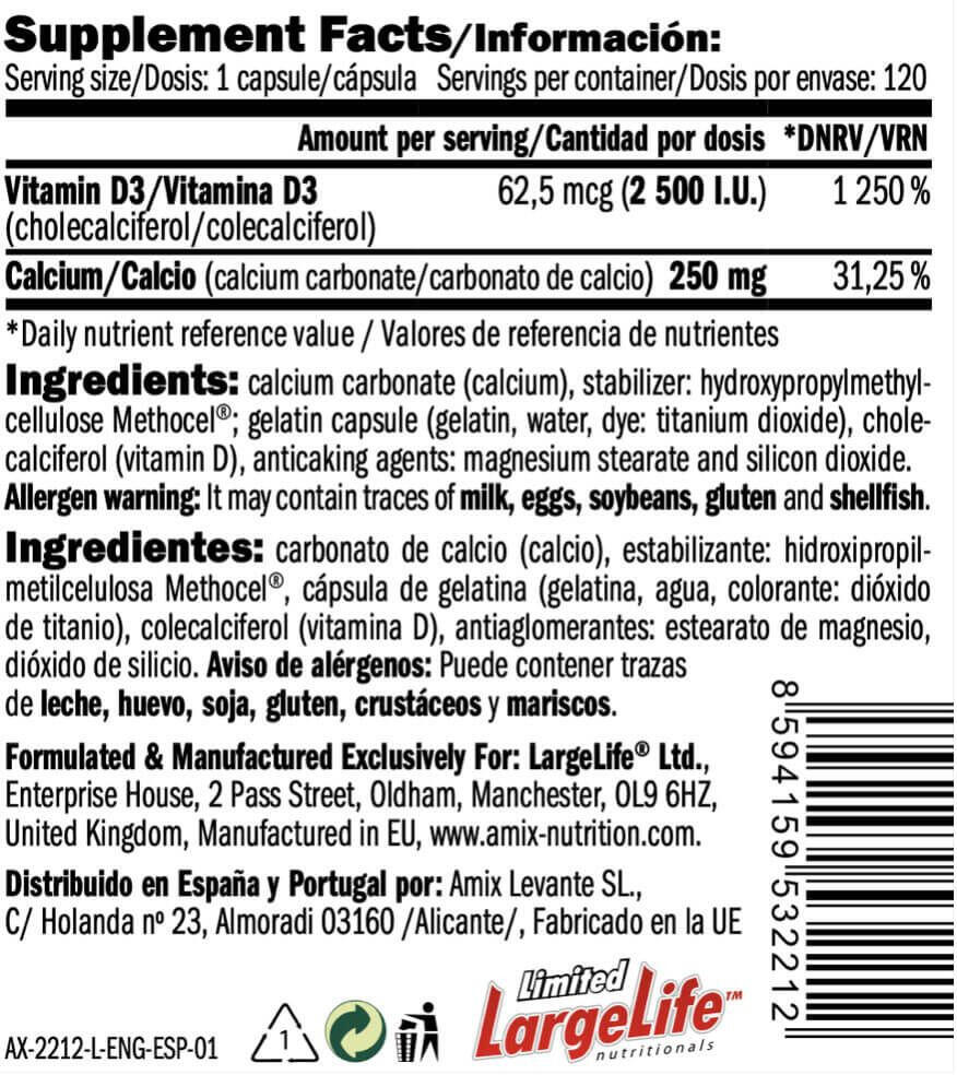 Amix Vitamina D3 2500 I.U + Calcio 120 caps 4/5