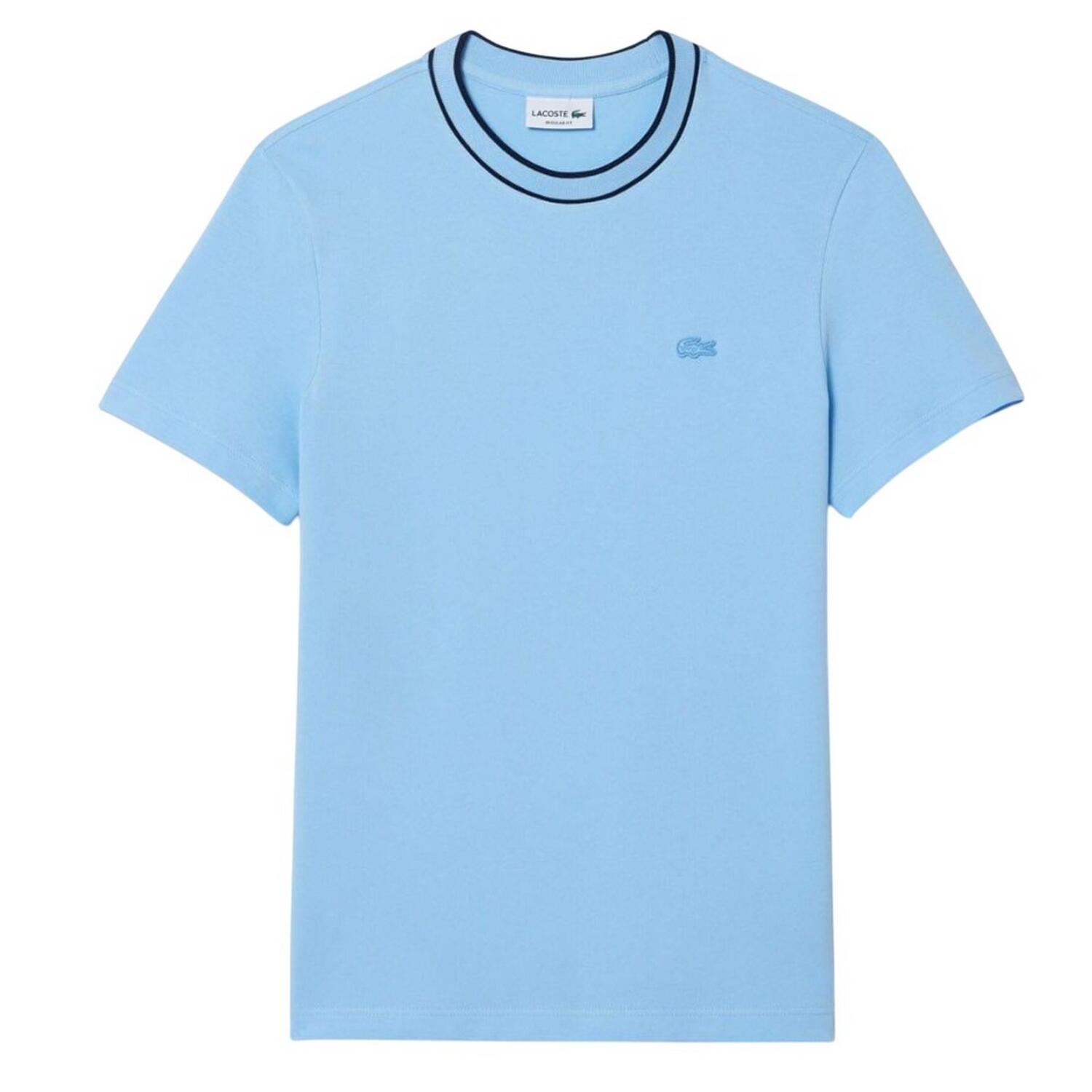 LACOSTE Mens Pique Striped Neckline TShirt (Light Blue)