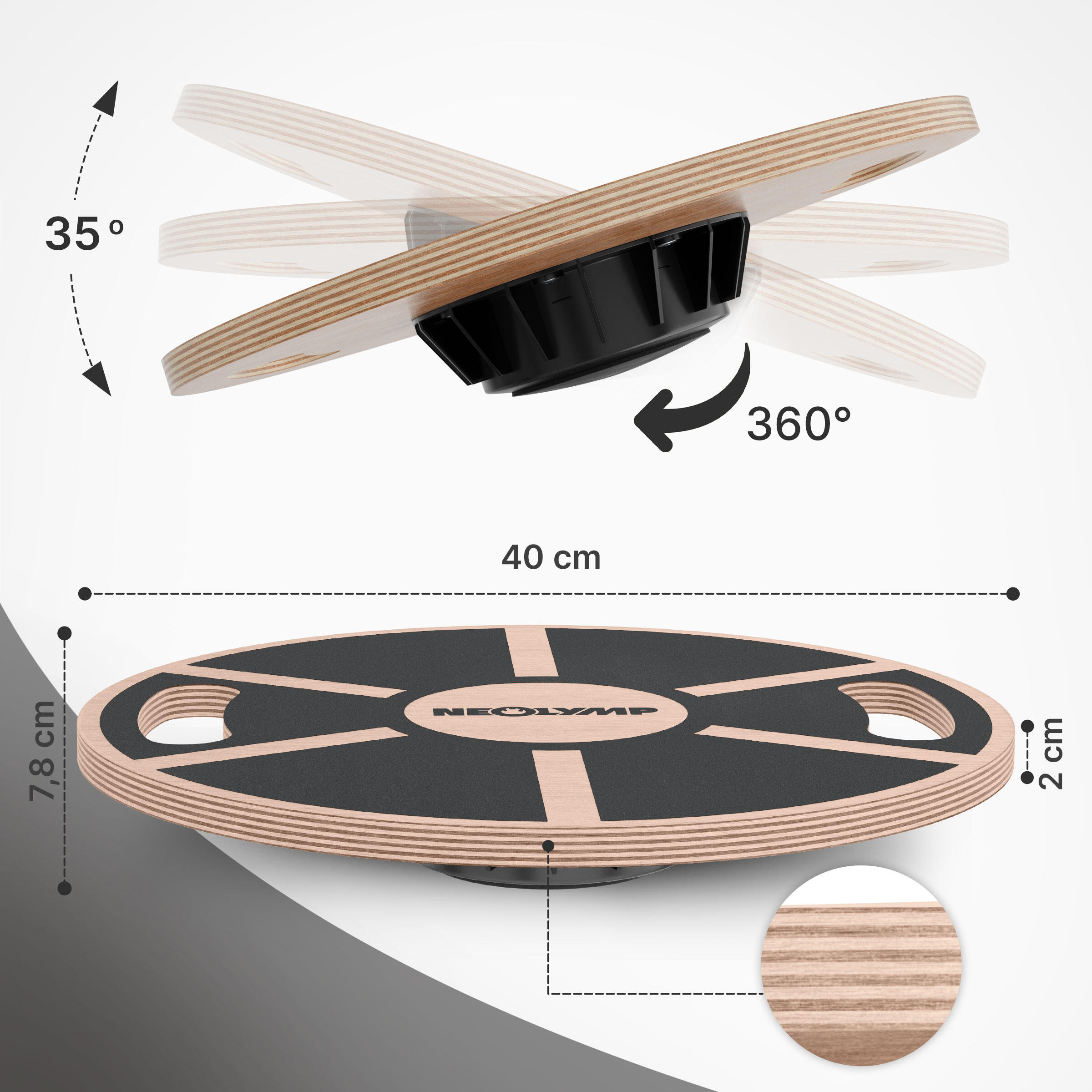 NEOLYMP Balance Board Holz - Gleichgewichtstrainer Bis 210kg Mit 7 Stufen