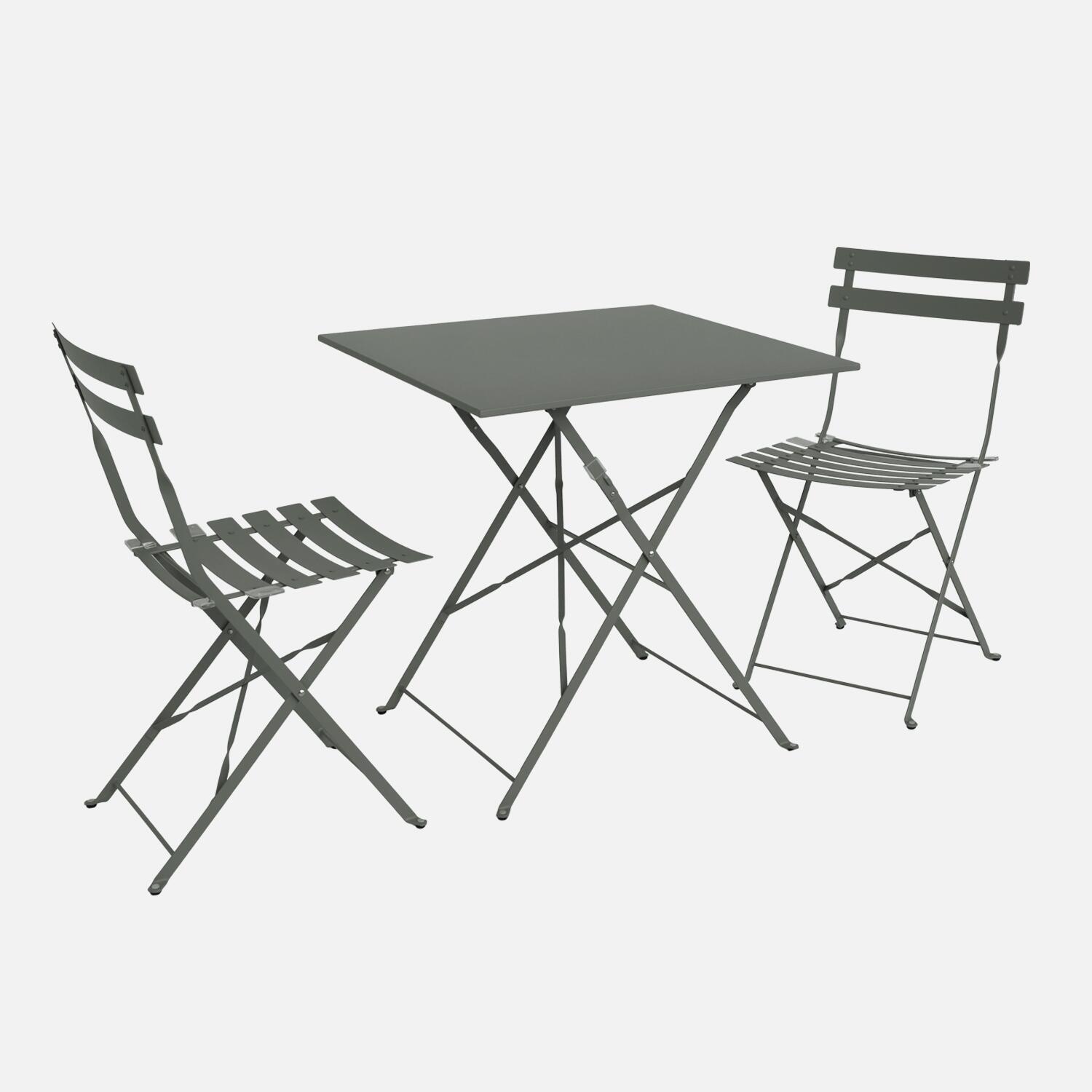 Mesa de jardim bistrô dobrável em metal, 2 cadeiras, verde caqui