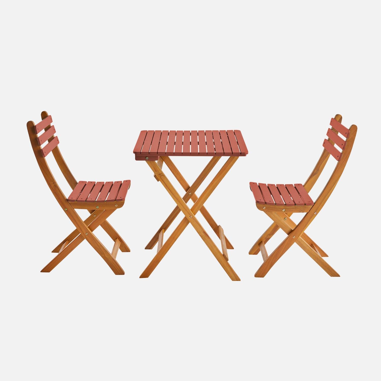 Mesa de jardín de madera de acacia con 2 sillas plegables, Terracota 1/5