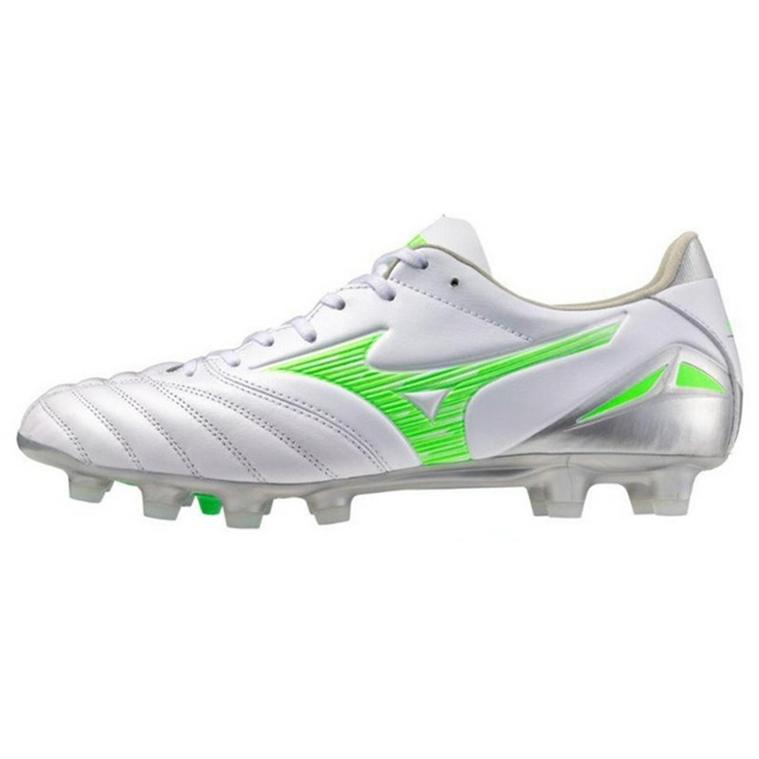 Heren Morelia Neo IV Pro Leren Stevige Grond Voetbalschoenen (Wit, Groen) 3/5