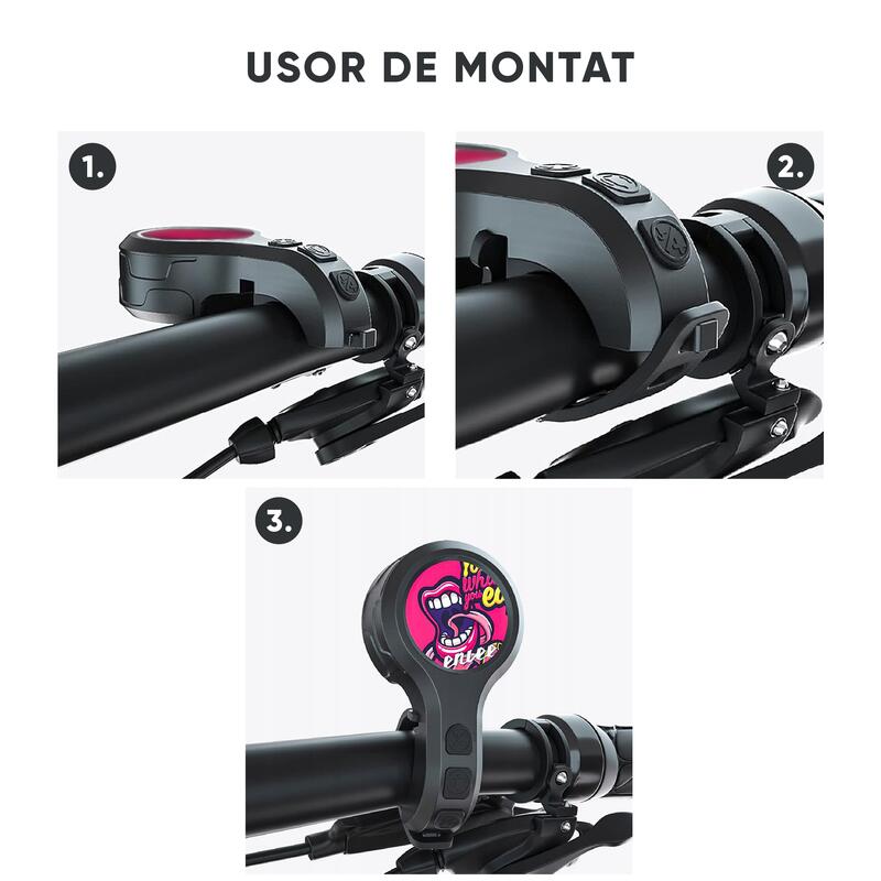 Sonerie bicicleta,alarma antifurt, 130dB, 3 sunete,incarcare USB,prindere ghidon