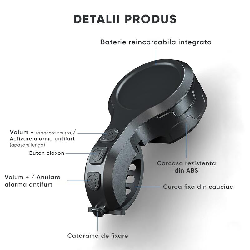 Sonerie bicicleta,alarma antifurt, 130dB, 3 sunete,incarcare USB,prindere ghidon