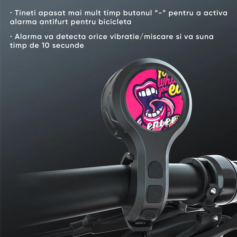 Sonerie bicicleta,alarma antifurt, 130dB, 3 sunete,incarcare USB,prindere ghidon