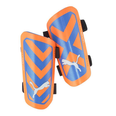 Unisex adult ultra light dual straps voetbalscheenbeschermers (blauw/oranje)