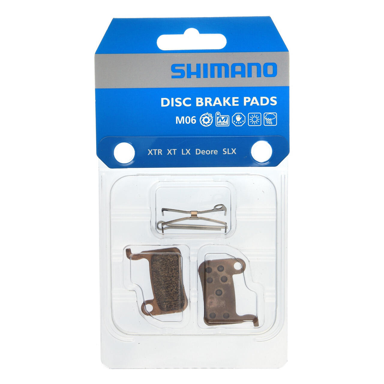 Ein Paar Fahrradbremsbeläge aus Metall und Feder mit Splint Shimano M06-MX 3/3