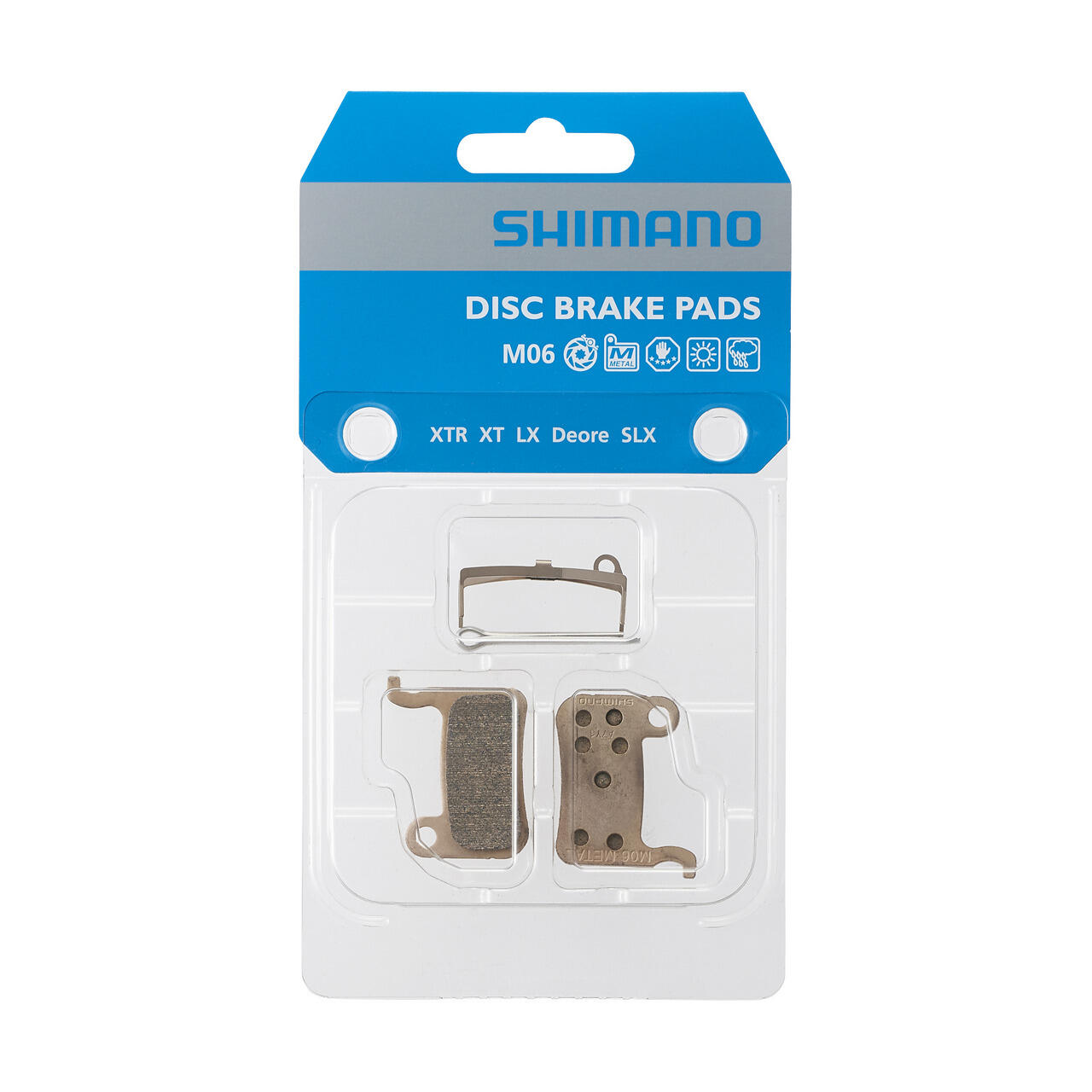 Ein Paar Fahrradbremsbeläge aus Metall und Feder mit Splint Shimano M06-MX 2/3