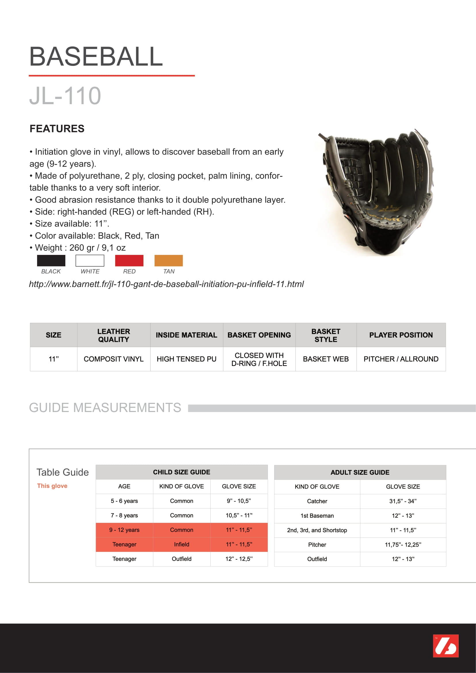 JL-110 REG - Bruine honkbalhandschoen, outfield, 11" 5/5