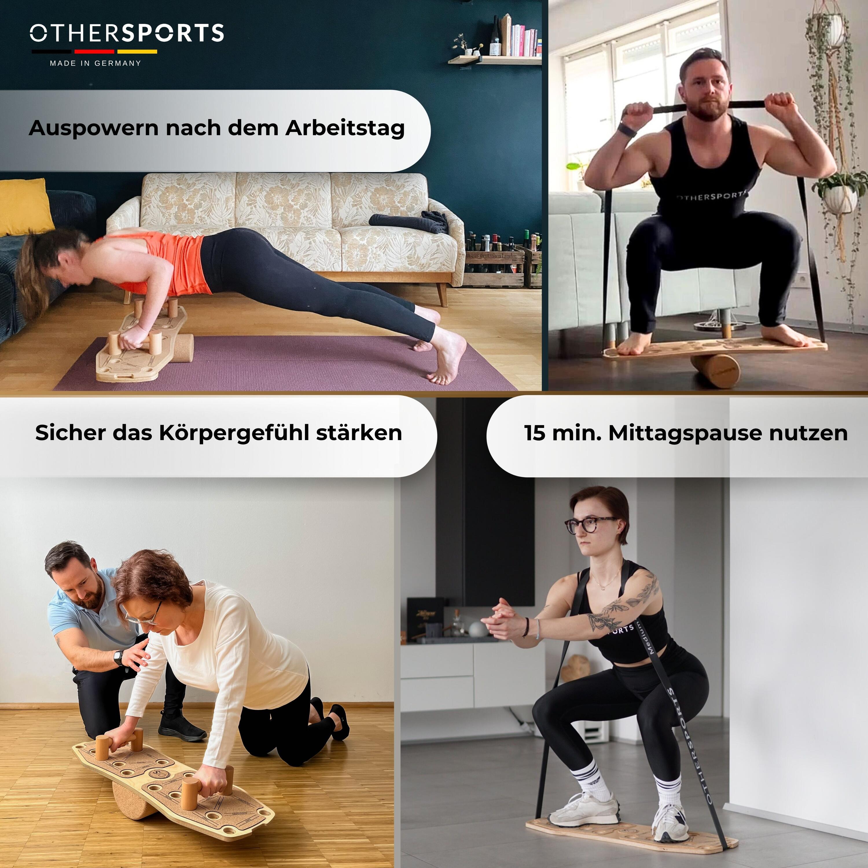 Sportboard  4 Core - Fitness Balance Board (Braun) mit Korkrolle und Fitnessband 5/8