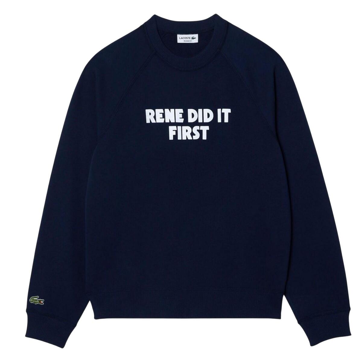 LACOSTE Mens Rene Did It First Crew Neck Relaxed Fit Sweatshirt (Navy)